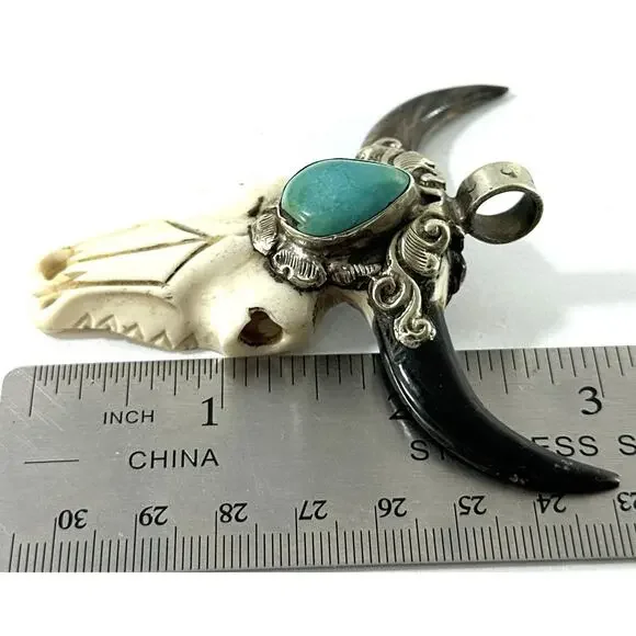 Western Steer Skull Style Pendant Turquoise Stone Southwestern Necklace Charm 3” - Picture 6 of 8
